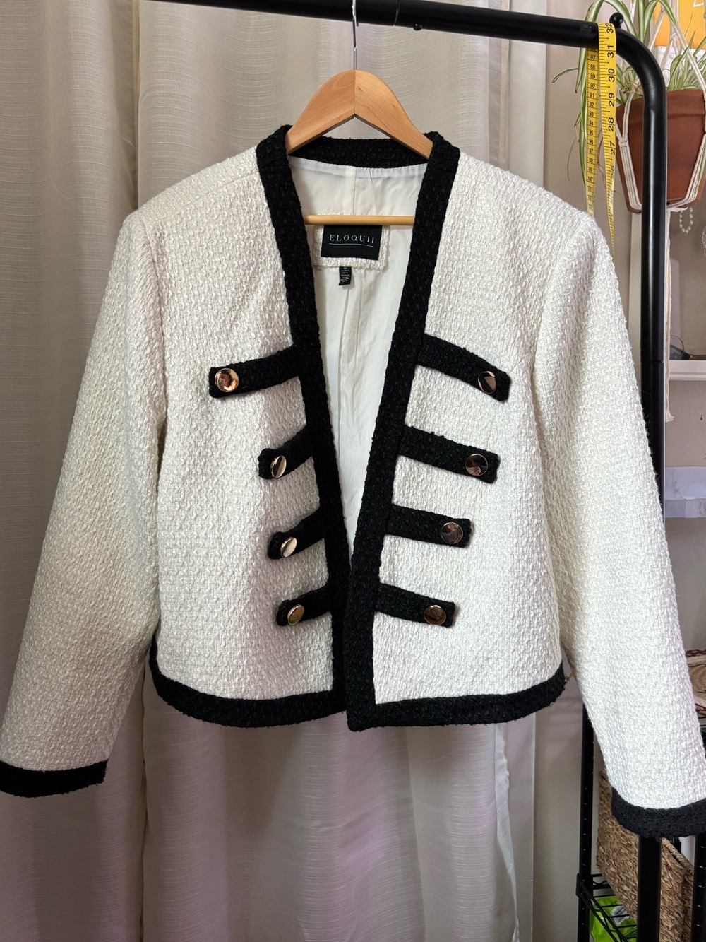 Eloquii White Bouclé Cropped Jacket with Black Trim